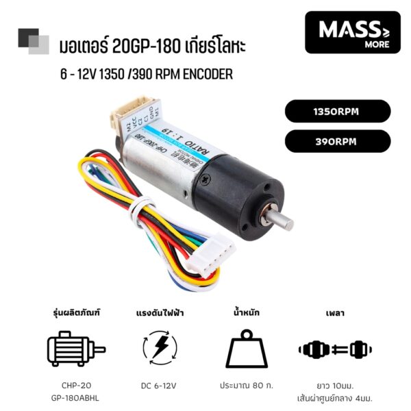 DC Motor 20GP 20GP-180 Encoder มอเตอร์เกียร์แรงบิดสูง พร้อมตัวเข้ารหัส เกียร์โลหะ 7.4-12V Gear CW/CCW - Image 2