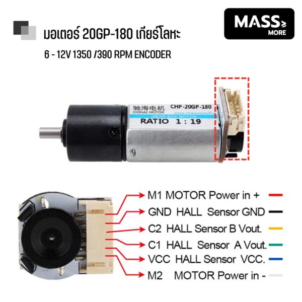 DC Motor 20GP 20GP-180 Encoder มอเตอร์เกียร์แรงบิดสูง พร้อมตัวเข้ารหัส เกียร์โลหะ 7.4-12V Gear CW/CCW - Image 4